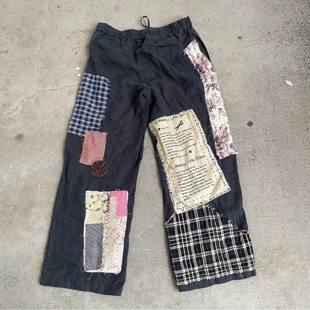 Upcycled MUJI hand stitched patchwork 100% Linen drawstring pants size Medium - Picture 6 of 10
